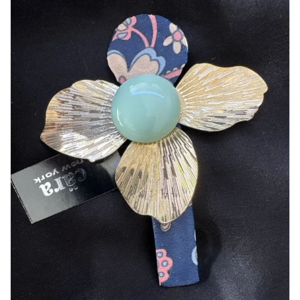 Cara NY Hair Barrette Pin Floral Gold Blue Enamel Cloth Steampunk NEW